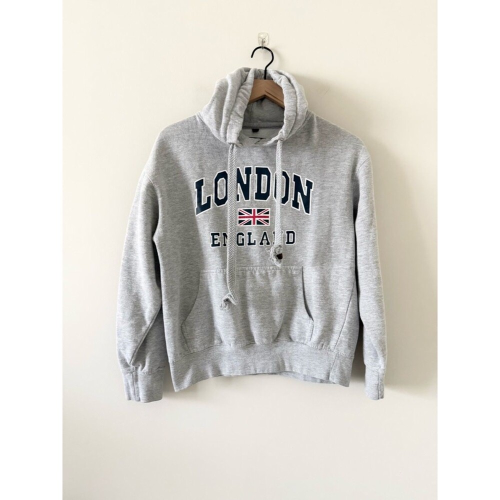 London England Grey Cotton Hoodie with Flag Graphic Size M